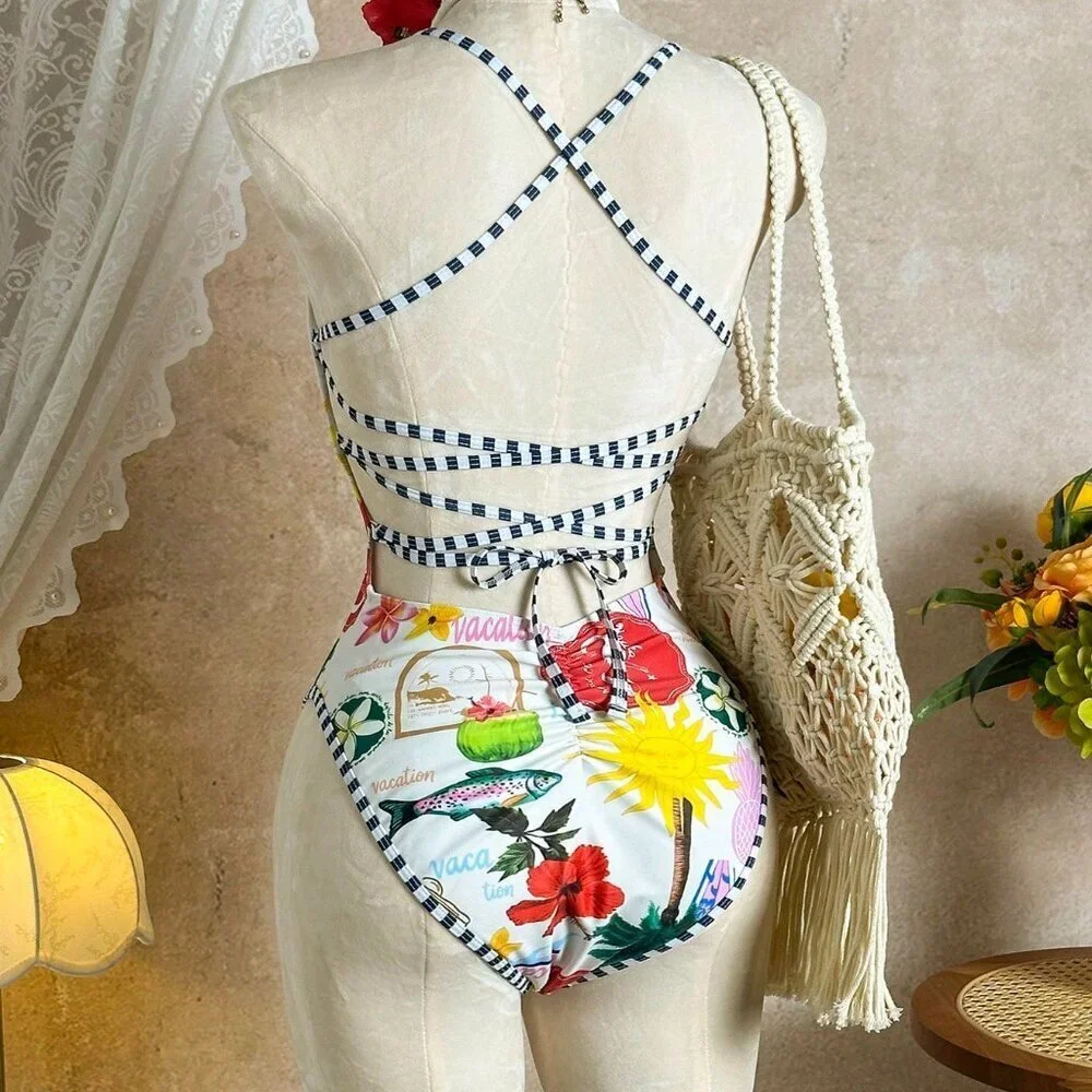 Multicolor Casual Women's Tropical Floral Print Stripe One piece Swimsuit